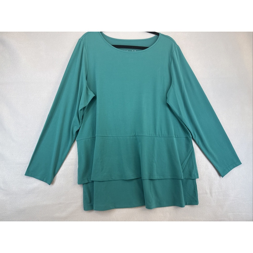 Susan Graver Modern Essentials Liquid Knit Peplum Tiered Top Size M Teal Green